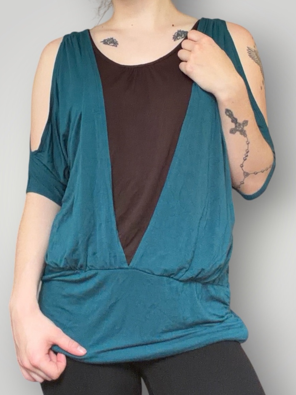 Studio Y Deep Turquoise Short Sleeve Tee with Brown Tank Under Layer